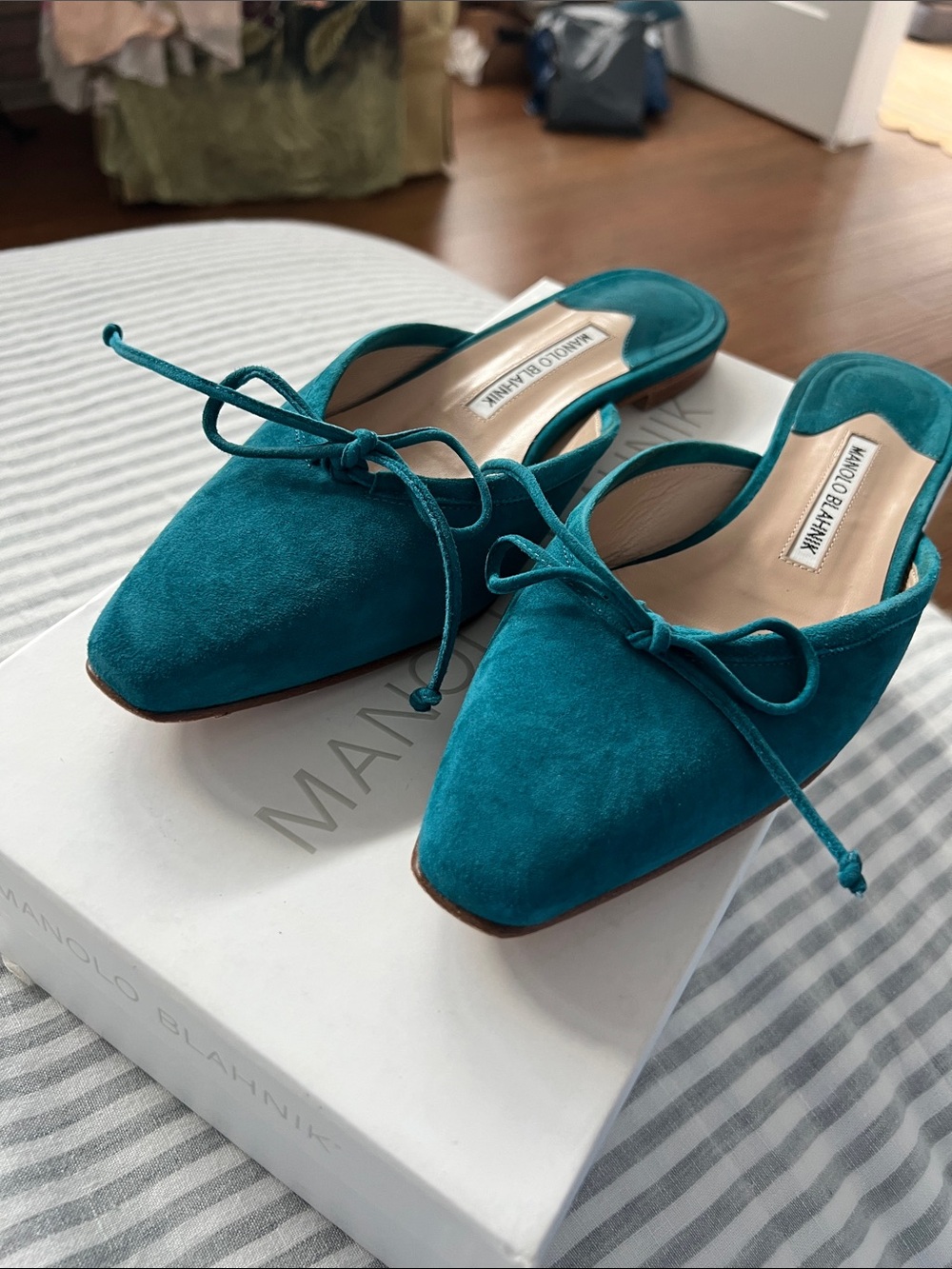 Manolo Blahnik Teal Suede Mules - Picture 2 of 5